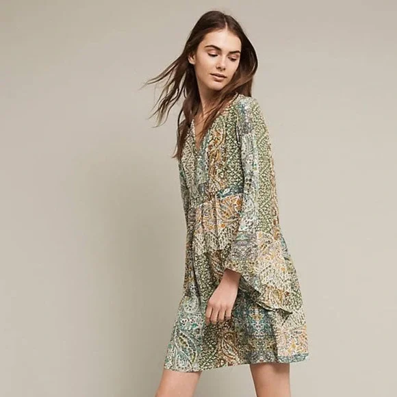 Anthropologie Floreat Amelia Green Paisley Bell Long Sleeve Mini Dress Size 0 - Picture 1 of 9